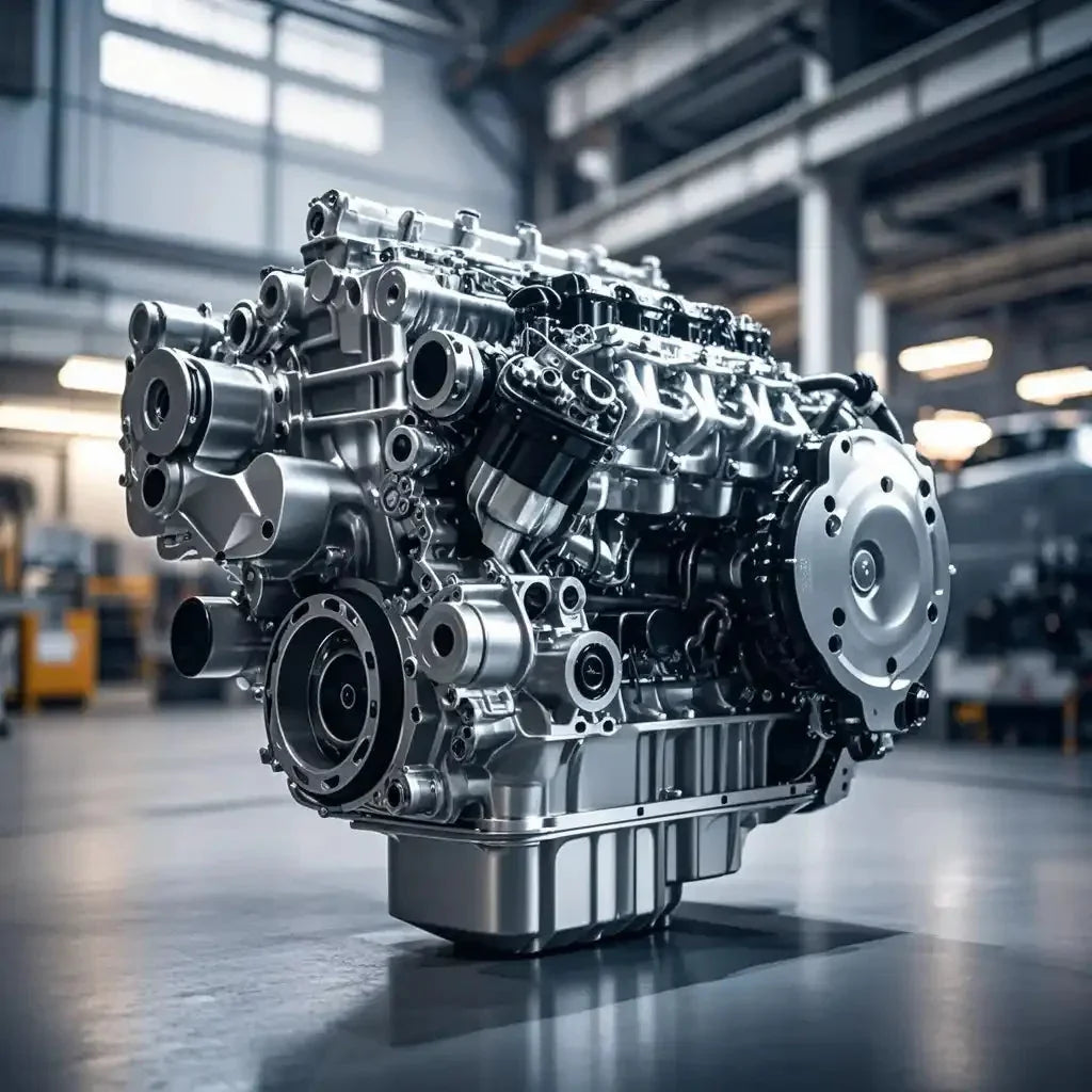 Close-up of a shiny modern diesel engine in a spacious industrial workshop with blurred background