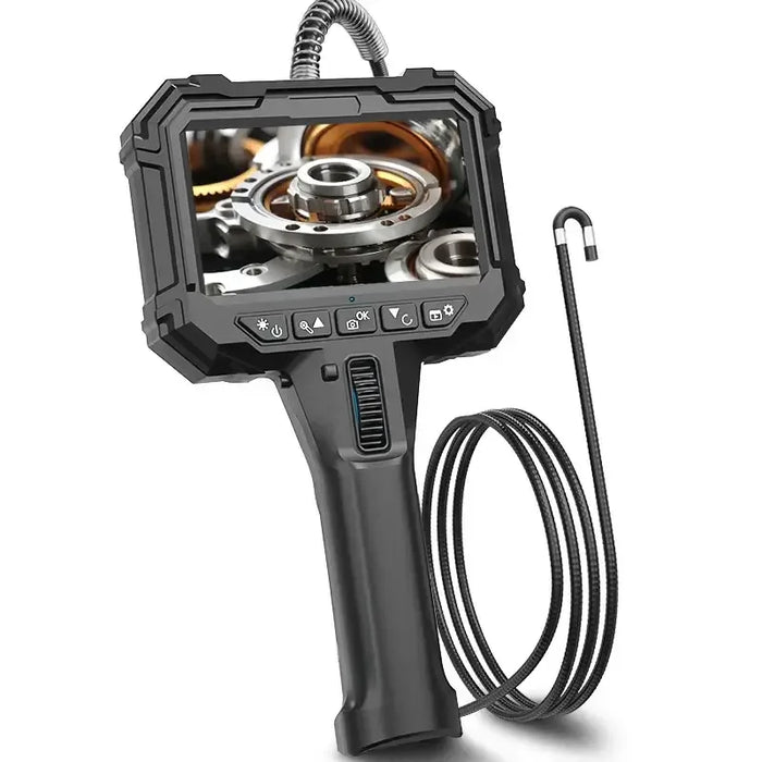 black handheld inspection camera with flexible probe showing close-up of mechanical gears on screen