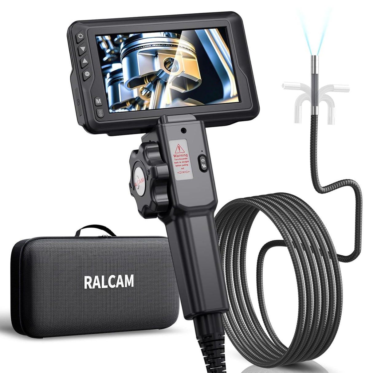 Ralcam 4.5'' HD Articulating Borescope, 2-Way Endoscope Camera with Light 8.5mm Lens Articulated Snake Camera, Video Inspection Camera with Light for Automotive Mechanics 6.6FT Semi-Rigid Cable