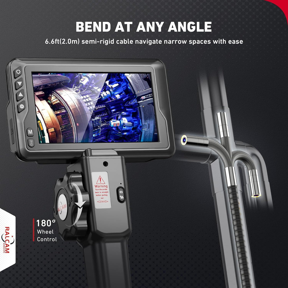 Ralcam 4.5'' HD Articulating Borescope, 2-Way Endoscope Camera with Light 8.5mm Lens Articulated Snake Camera, Video Inspection Camera with Light for Automotive Mechanics 6.6FT Semi-Rigid Cable