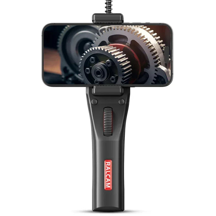 Black Ralcam smartphone gimbal stabilizer holding a phone displaying close-up gears