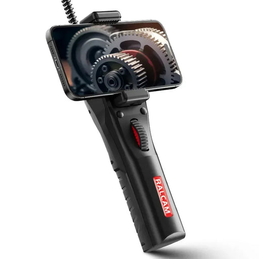 Black RALCAM handheld digital microscope with smartphone displaying detailed metal gears