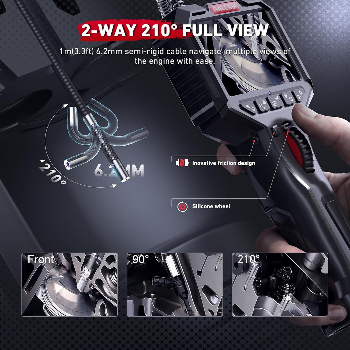 Ralcam Articulating Borescope, 2 Way Endoscope Camera with Light, 6 Led Lights Video Inspection Camera, 6.2mm Lens Scope Camera 3.5'' IPS Screen Endoscope 3.3FT Semi-Rigid Cable