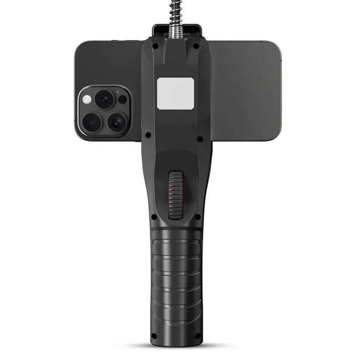 Black smartphone mounted on a handheld stabilizer with adjustable grip and control wheel