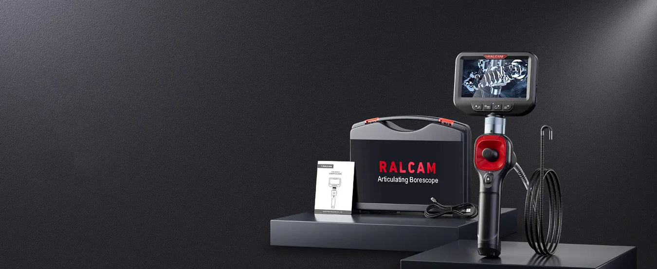 Ralcam F606B 4-way articulating borescope package contents and accessories for engine inspection