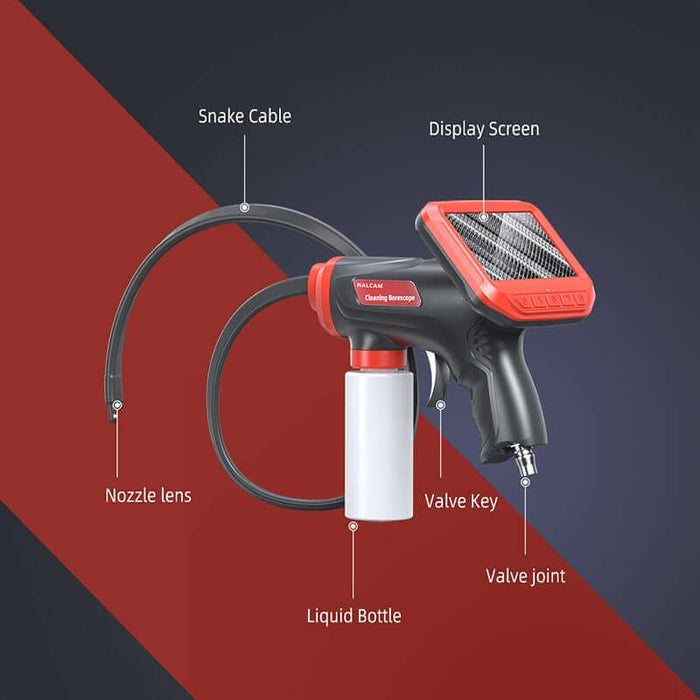 Ralcam Q3 borescope component diagram with labeled parts including monitor, articulating probe, spray nozzle, and battery